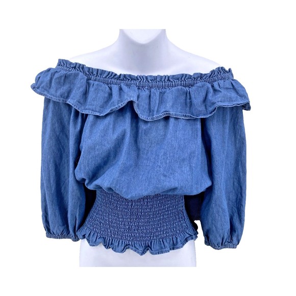 Retro 70s Chambray Top M Denim Blue On or Off Shoulder Wide Ruched Waist Ruffle - Picture 2 of 12